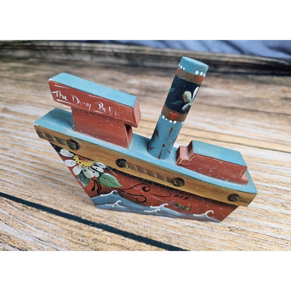 VTG Wooden Boat Ship Music Box Handpainted The Daisy Belle Collectible Kids Toy - Picture 2 of 10